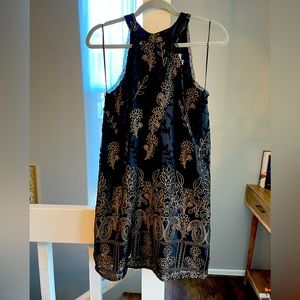 Gold and Black Velvet Floral Print Halter Dress